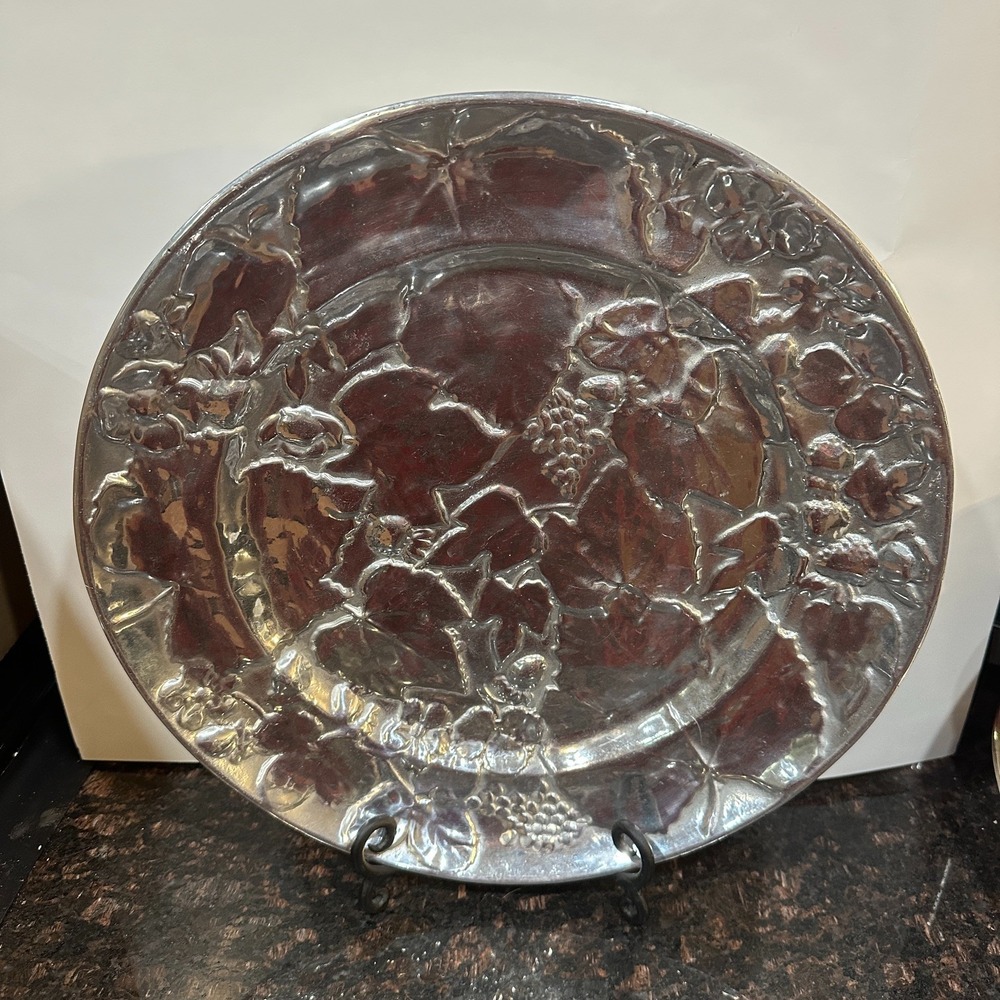 Vintage Embossed Grape Vine Metal Charger Plate 15.5 in Silver Relief Decor